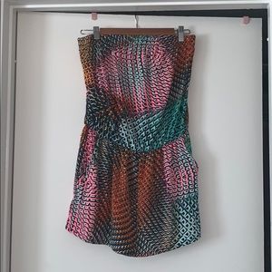 multi colored strapless romper silk material